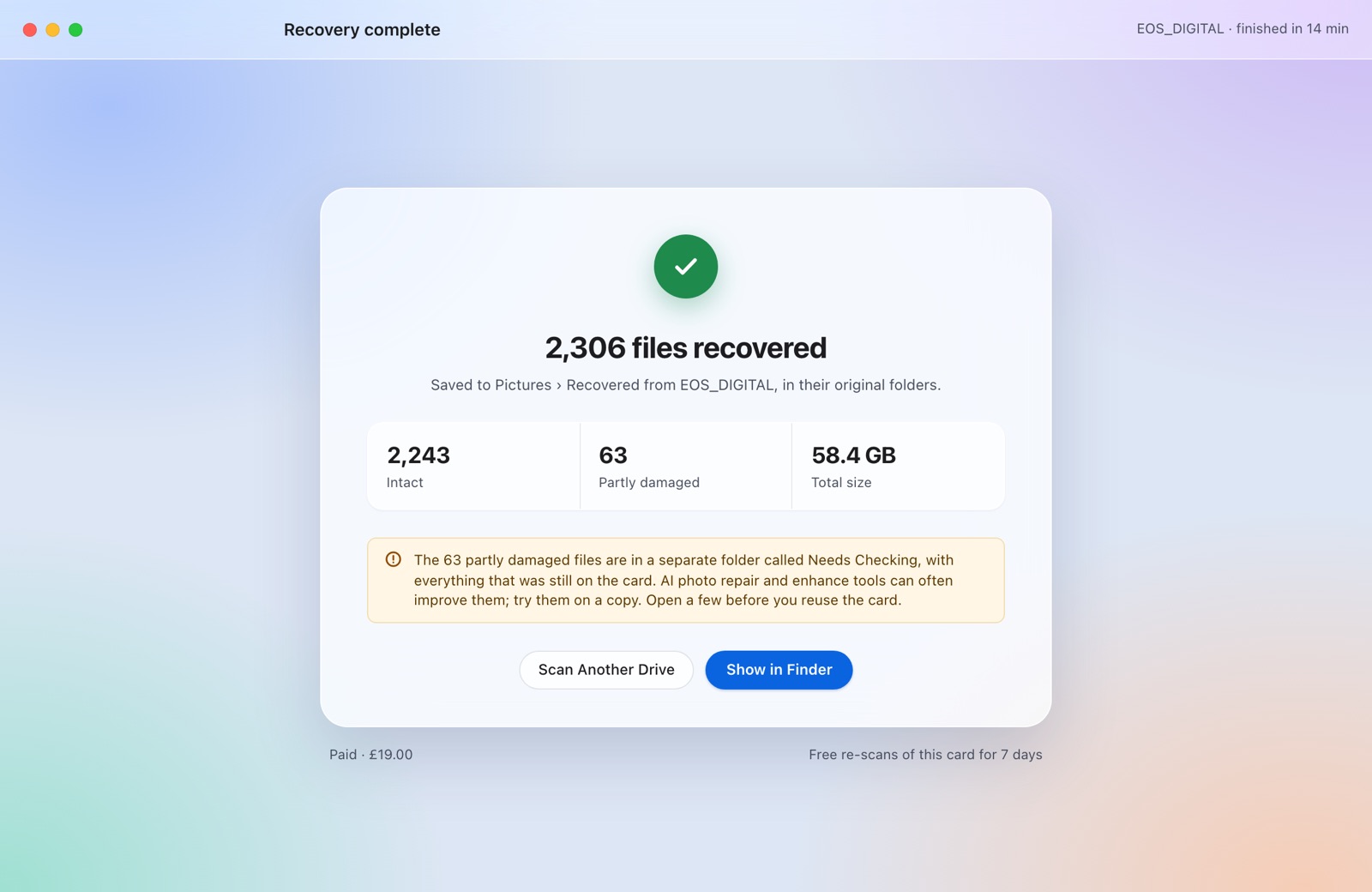 The recovery finished, with 2,306 files back in their original folders.