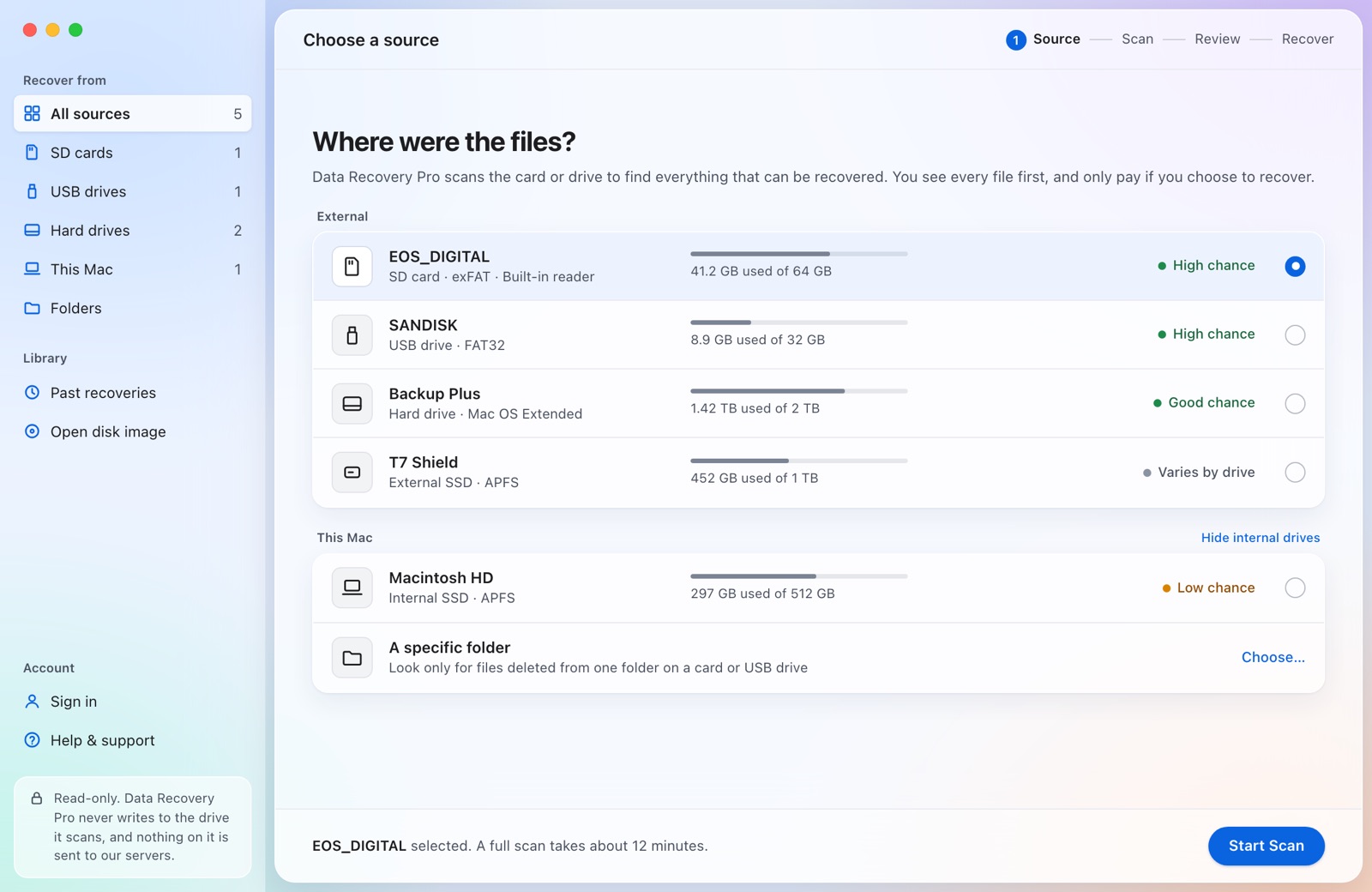 Choosing an SD card from the list of drives in Data Recovery Pro.
