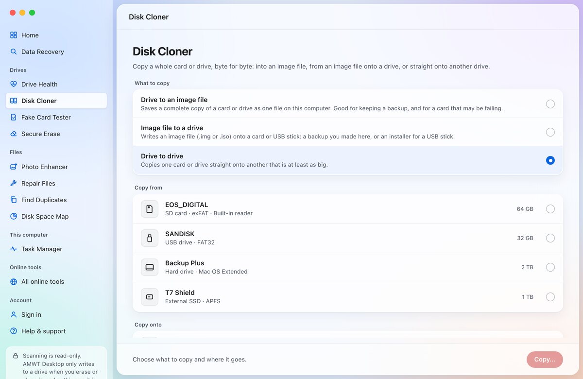 Disk Cloner in AMWT Desktop: three ways to copy, then the drives to copy from.