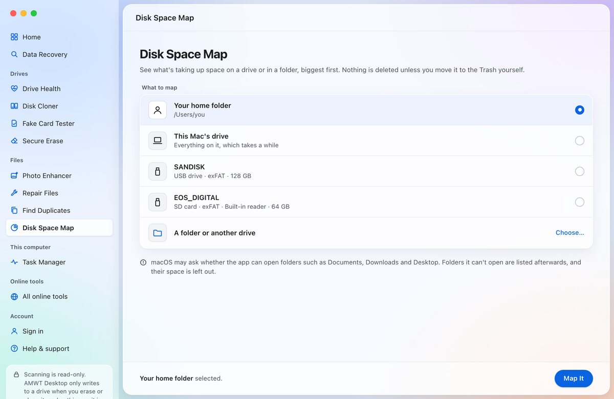 Disk Space Map in AMWT Desktop: a treemap of a home folder with Music, Pictures, Downloads and Movies as the largest areas, and a list of the folders beside it.