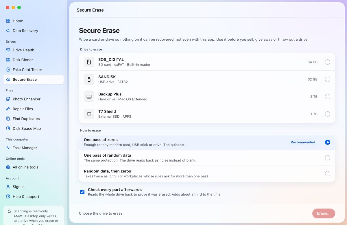 Secure Erase in AMWT Desktop: a list of external drives to choose from and three ways to erase them.
